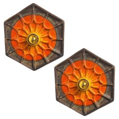 Paire d'appliques hexagonales en céramique orange, Allemagne, 1970