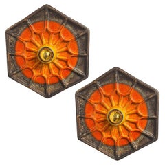 Pair of Orange Hex-shaped Ceramic Wall Lights, Germany, 1970