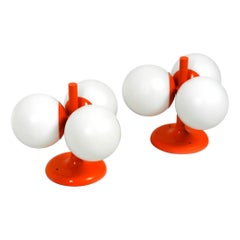 Pair of Orange Kaiser Leuchten Metal Ceiling Lamps with 3 Glasses Each, 1960s