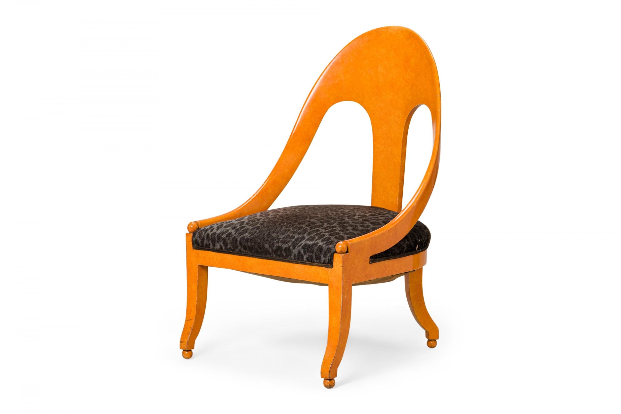 Lacquered Pair of Orange Lacquer Black Leopard Print Upholstery Spoon Back Side Chairs