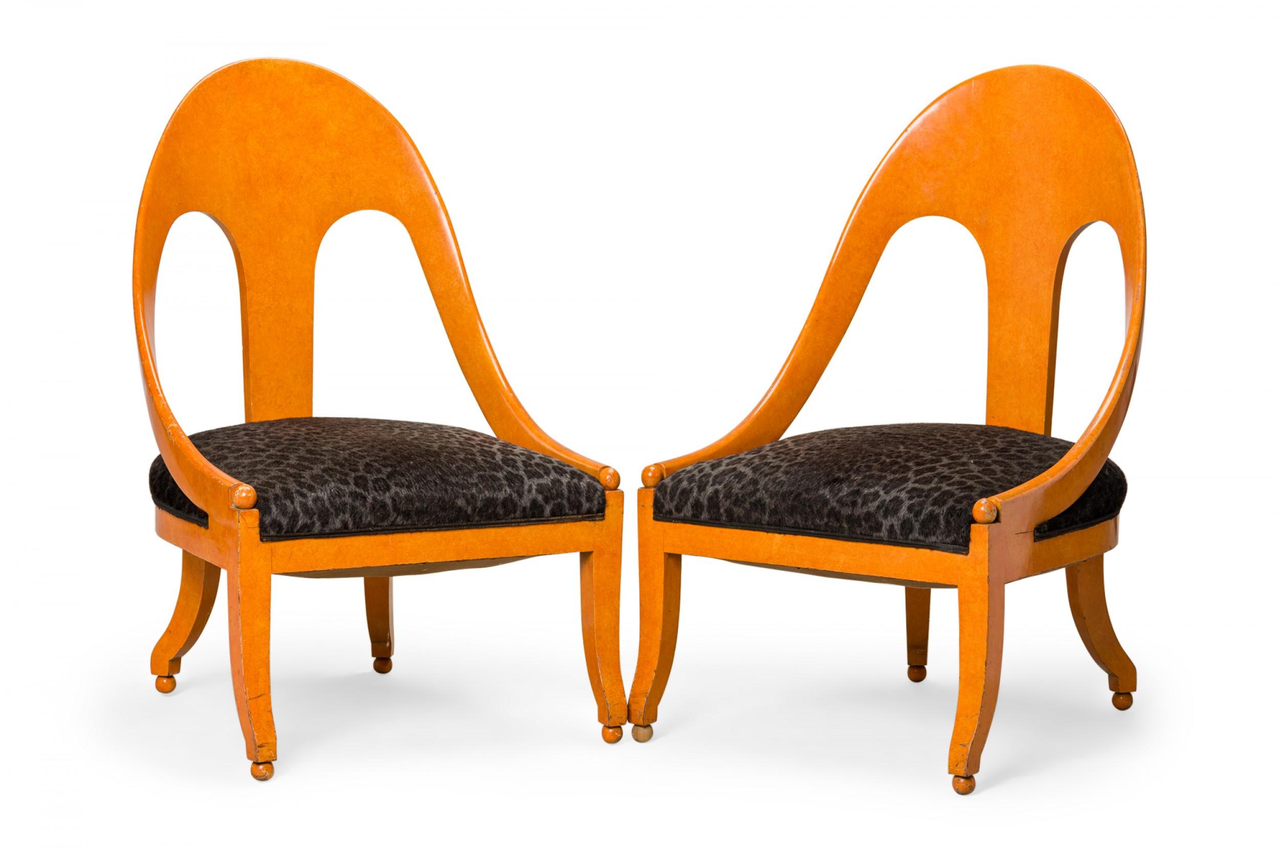 20th Century Pair of Orange Lacquer Black Leopard Print Upholstery Spoon Back Side Chairs
