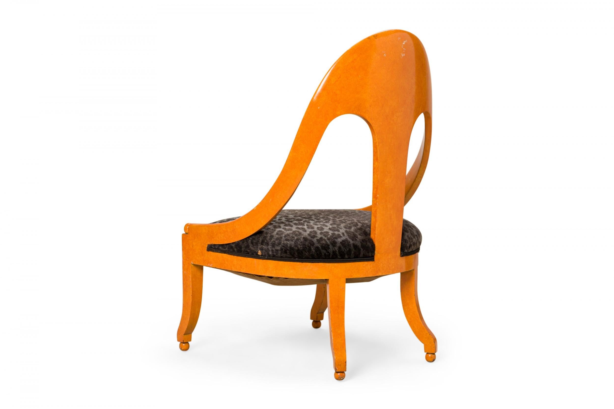 Pair of Orange Lacquer Black Leopard Print Upholstery Spoon Back Side Chairs 1