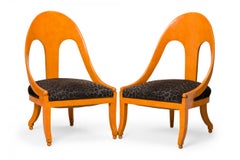 Pair of Orange Lacquer Black Leopard Print Upholstery Spoon Back Side Chairs
