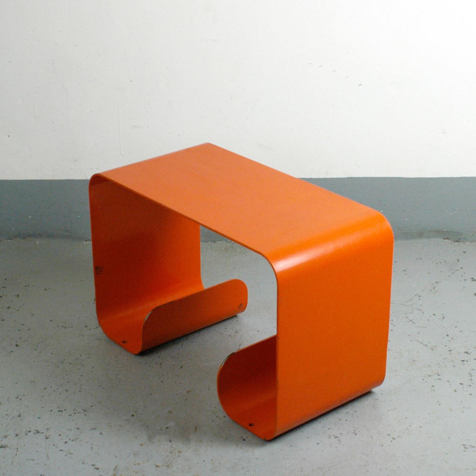 French Pair of Orange Lacquered Metal Waterfall Console Tables from the 1970s