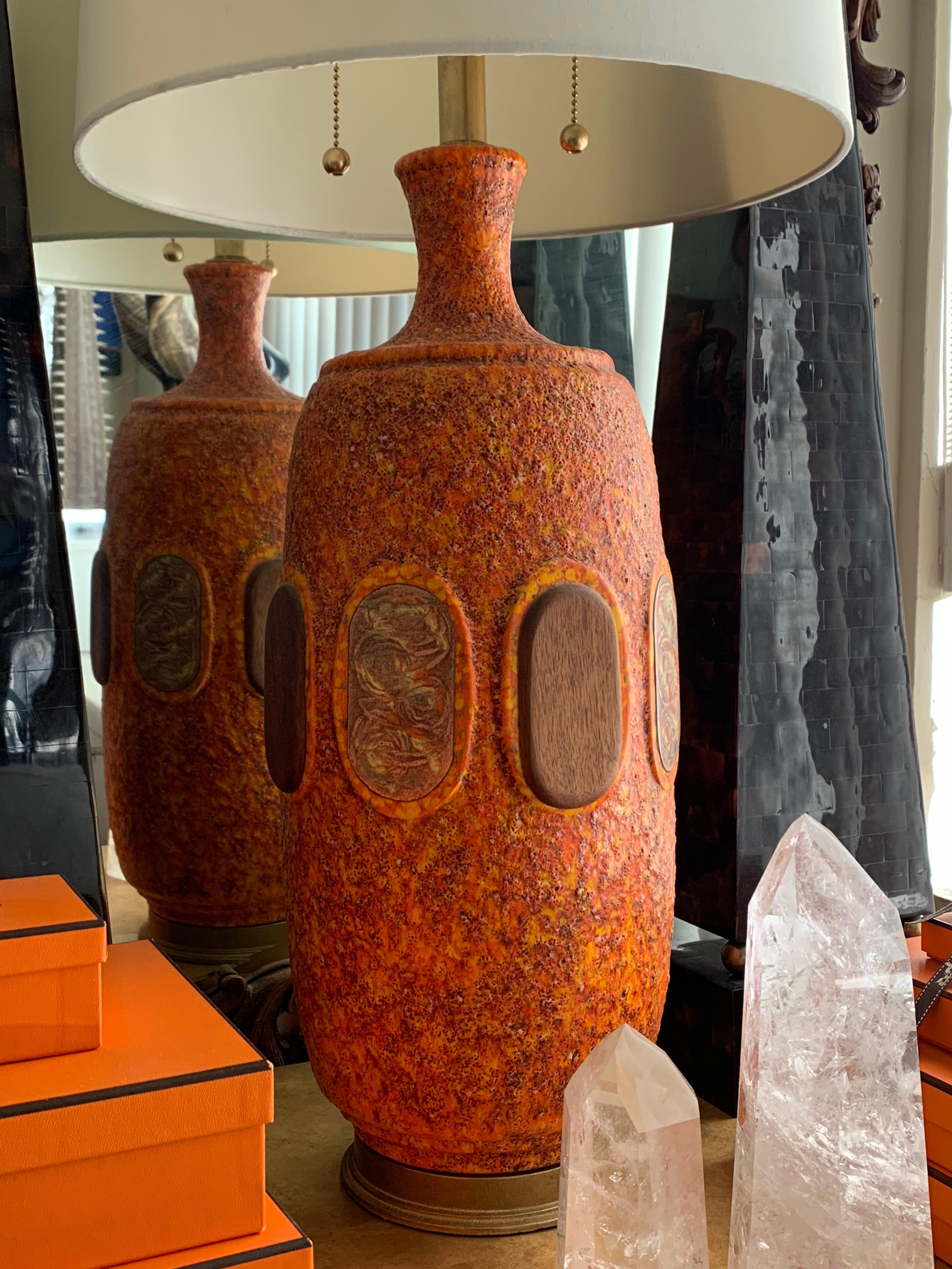 Pair of Orange Lava Glazed Ceramic Lamps For Sale 6