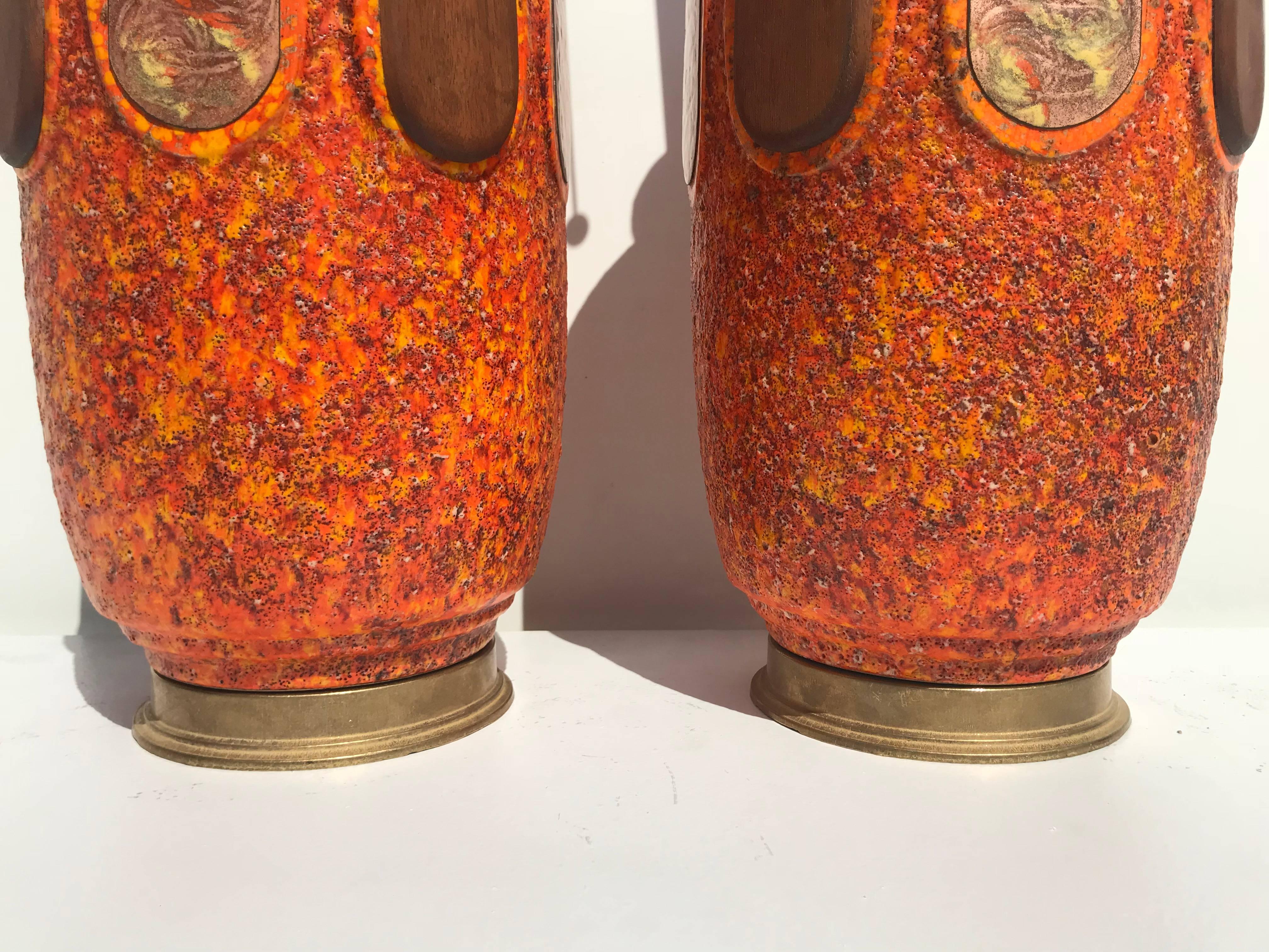 Mid-Century Modern Pair of Orange Lava Glazed Ceramic Lamps For Sale
