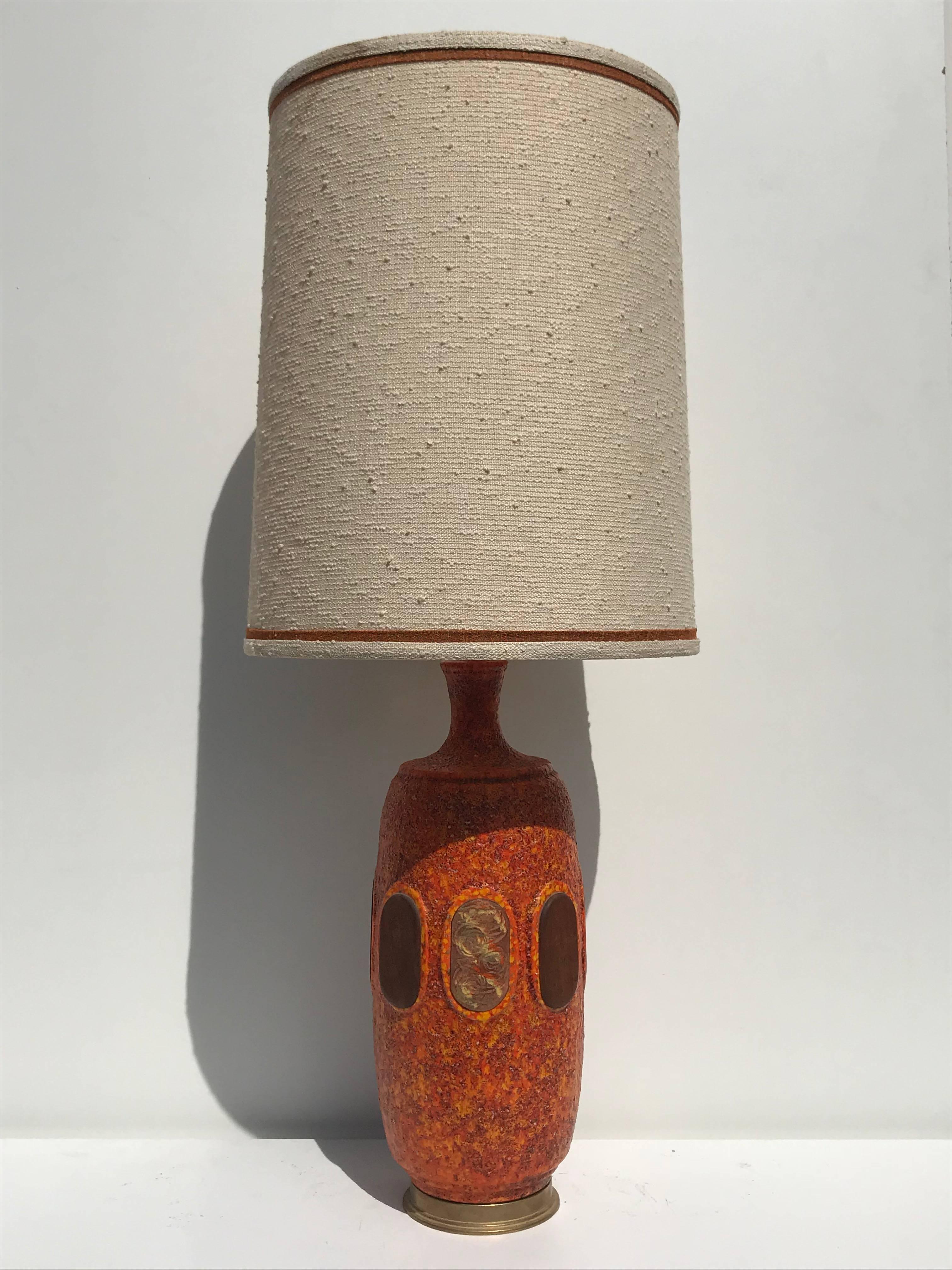 Mid-20th Century Pair of Orange Lava Glazed Ceramic Lamps For Sale