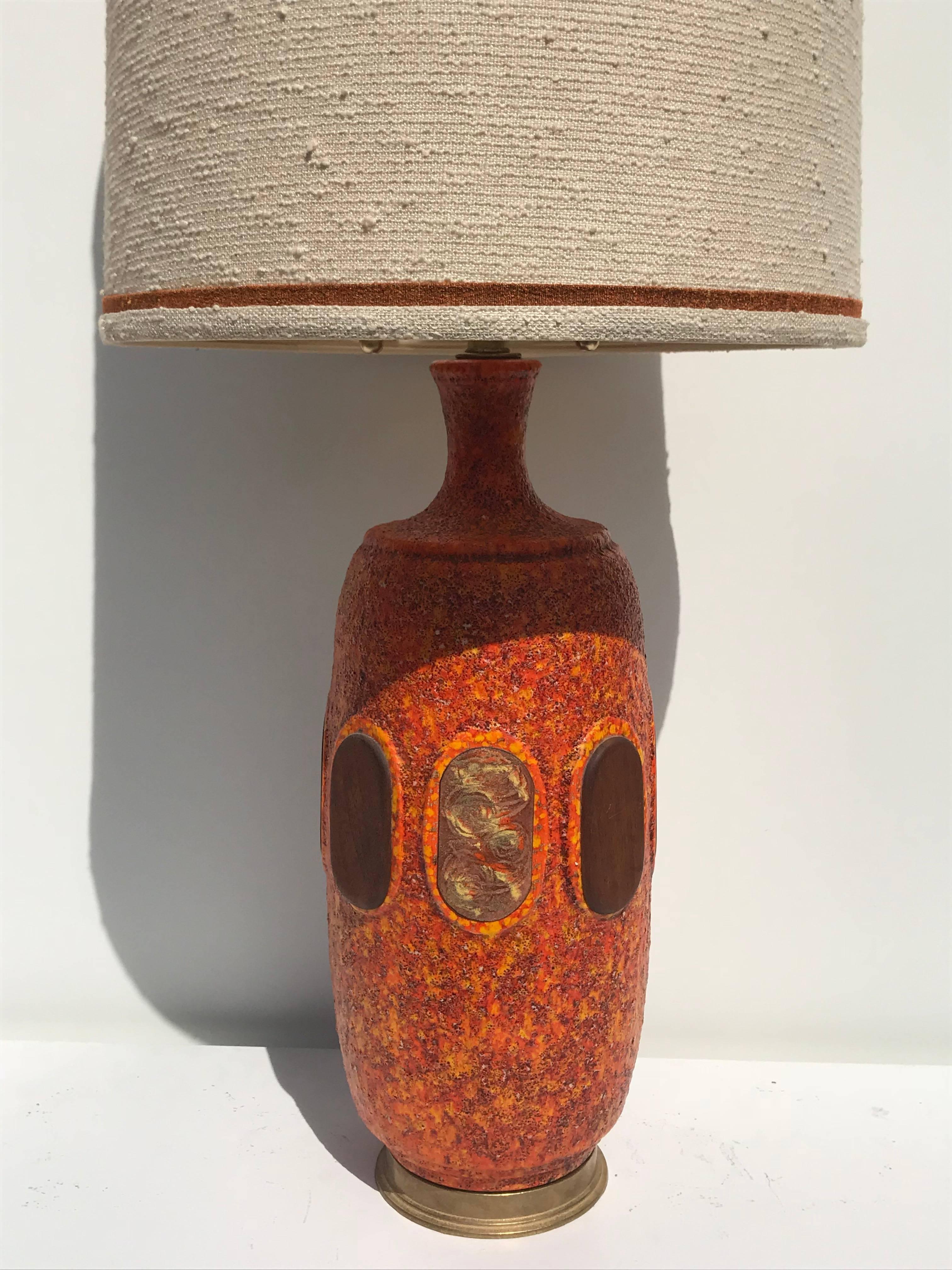 Pair of Orange Lava Glazed Ceramic Lamps For Sale 1