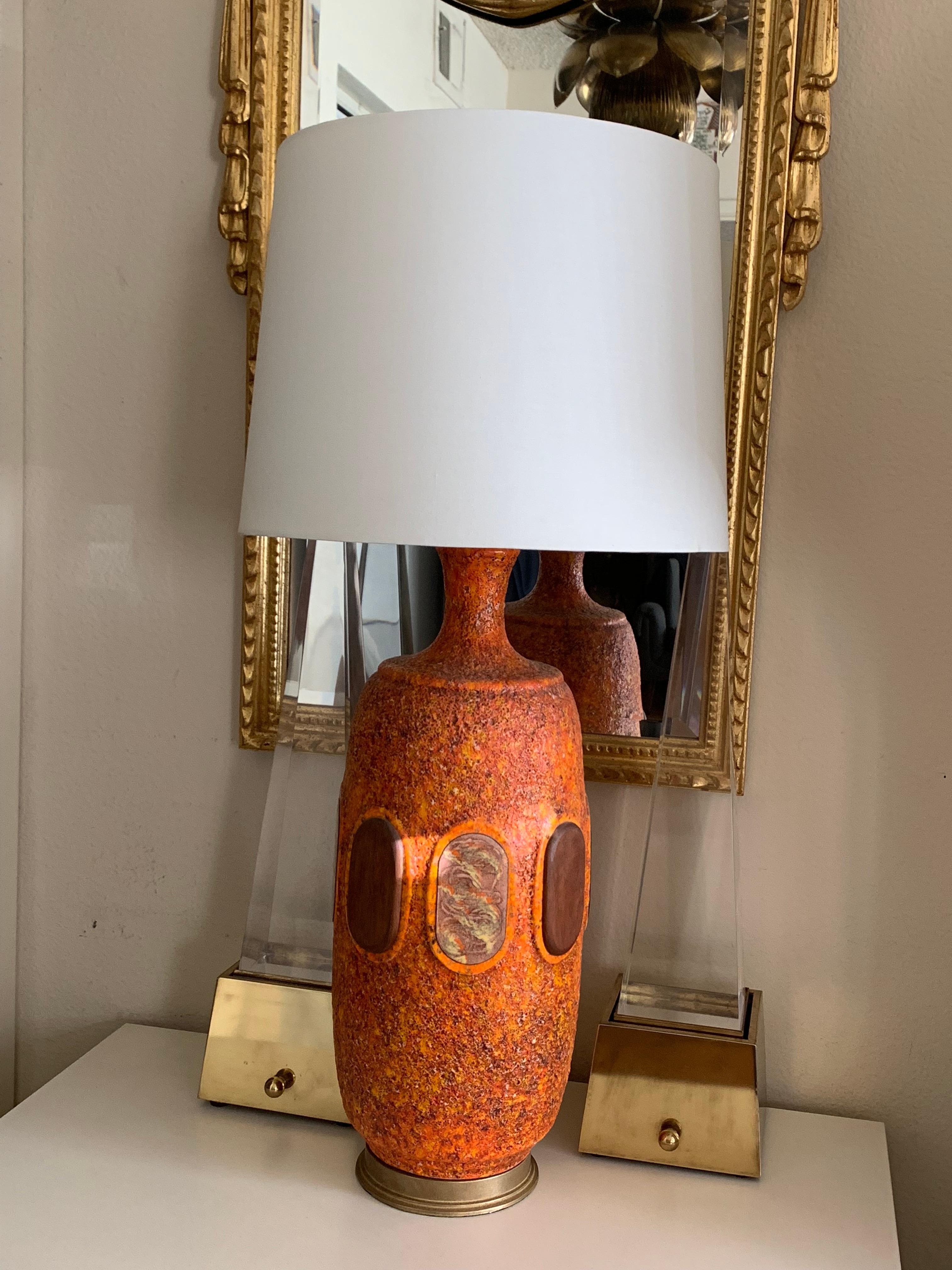 Pair of Orange Lava Glazed Ceramic Lamps For Sale 3