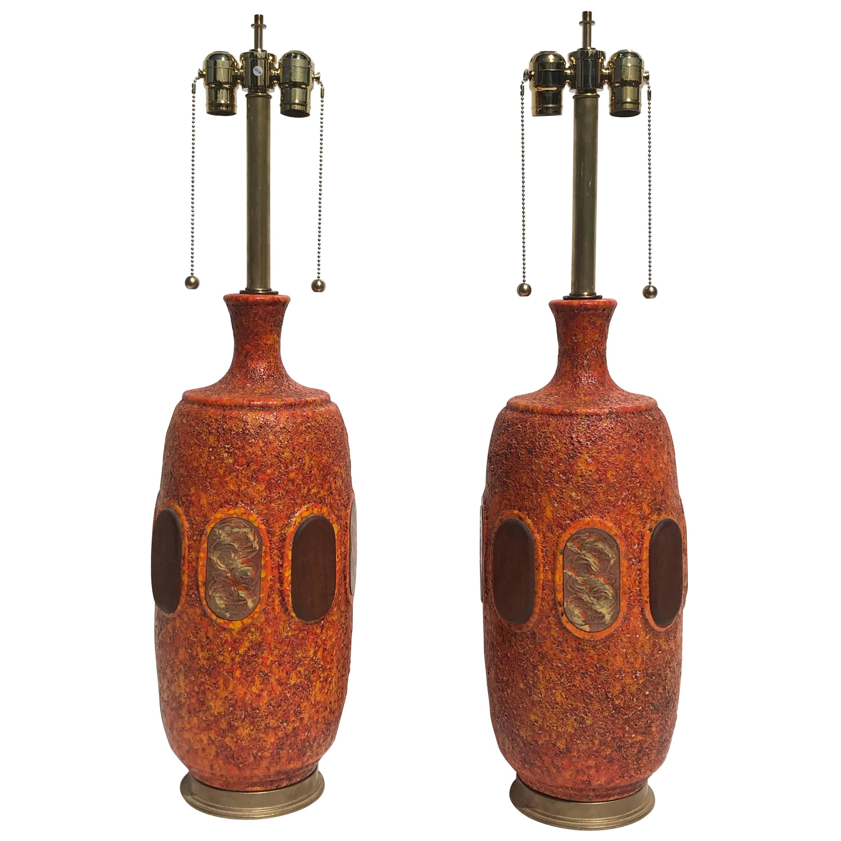 Pair of Orange Lava Glazed Ceramic Lamps