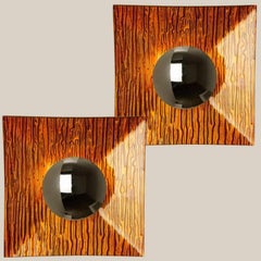 Pair of Orange Metal Glass Space Age Wall Lights, Italy, 1970s