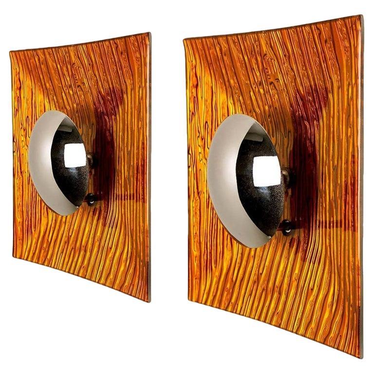 Pair of Orange Metal Glass Space Age Wall Lights, Italy, 1970s