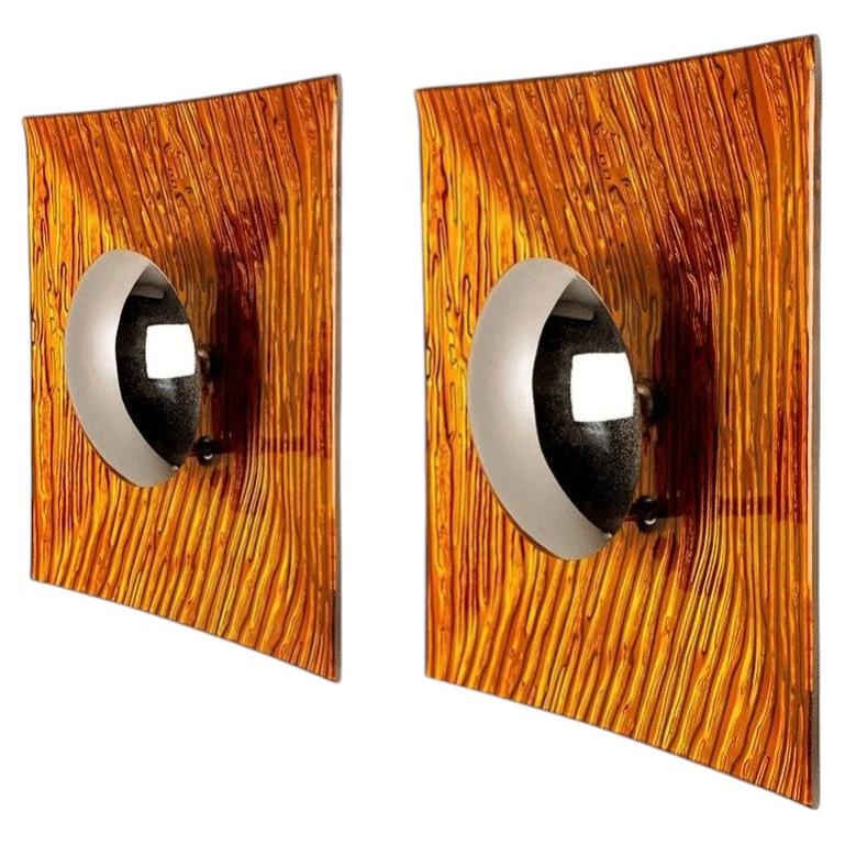 Pair of Orange Metal Glass Space Age Wall Lights, Italy, 1970s
