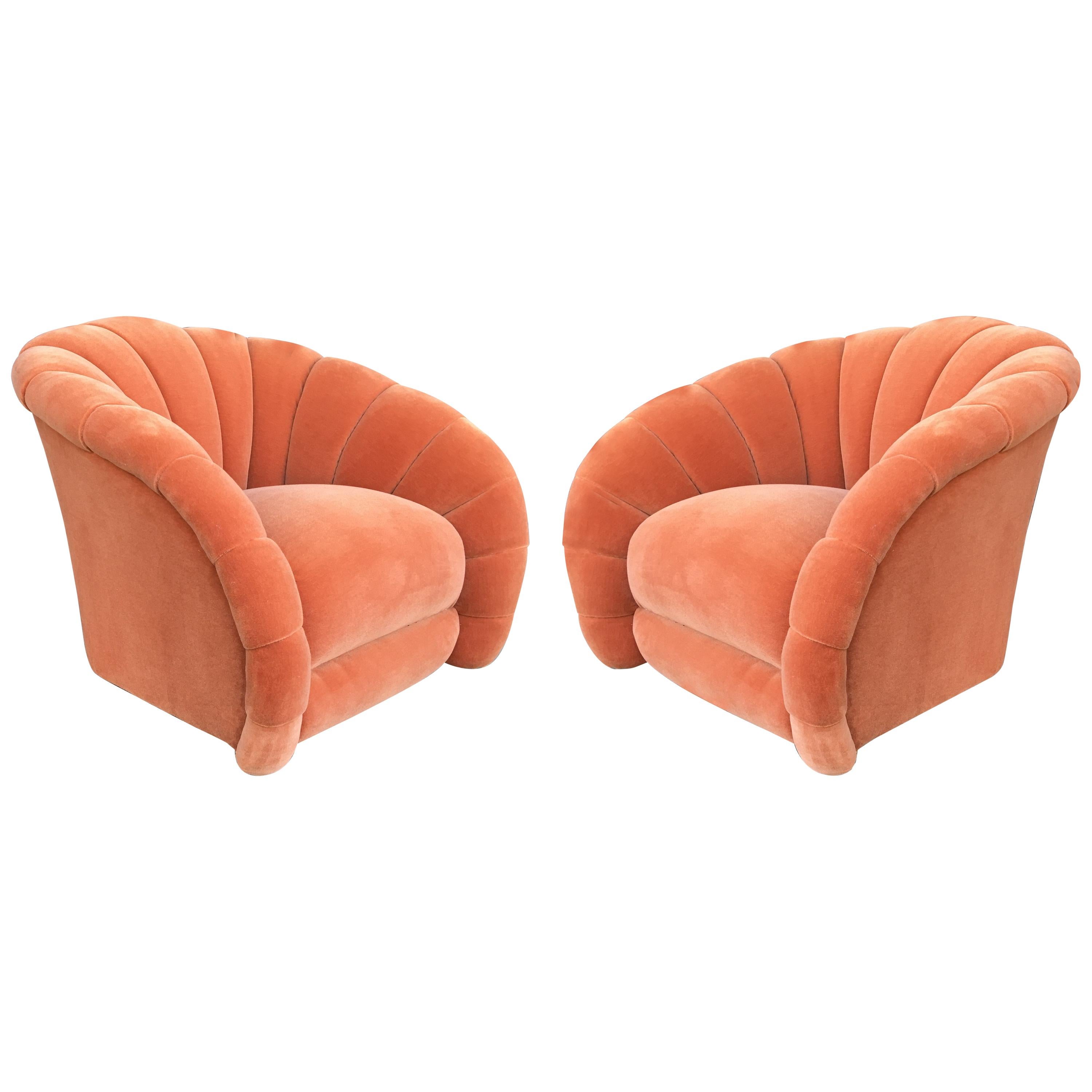 Pair of Orange Vladimir Kagan Design Channel Back Swivel Chairs For Sale