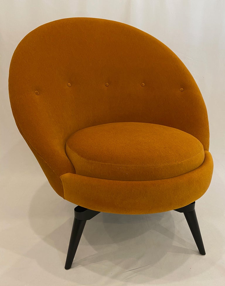 American Pair of Ochre Mohair Swivel Chairs by AdM Bespoke For Sale