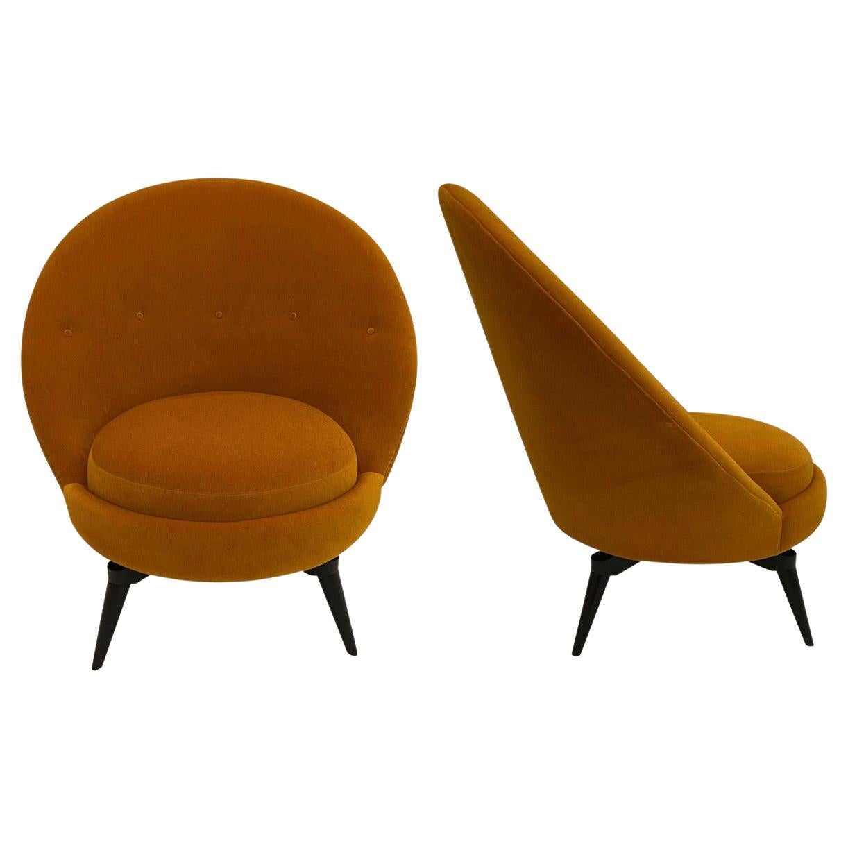 Pair of Ochre Mohair Swivel Chairs by AdM Bespoke