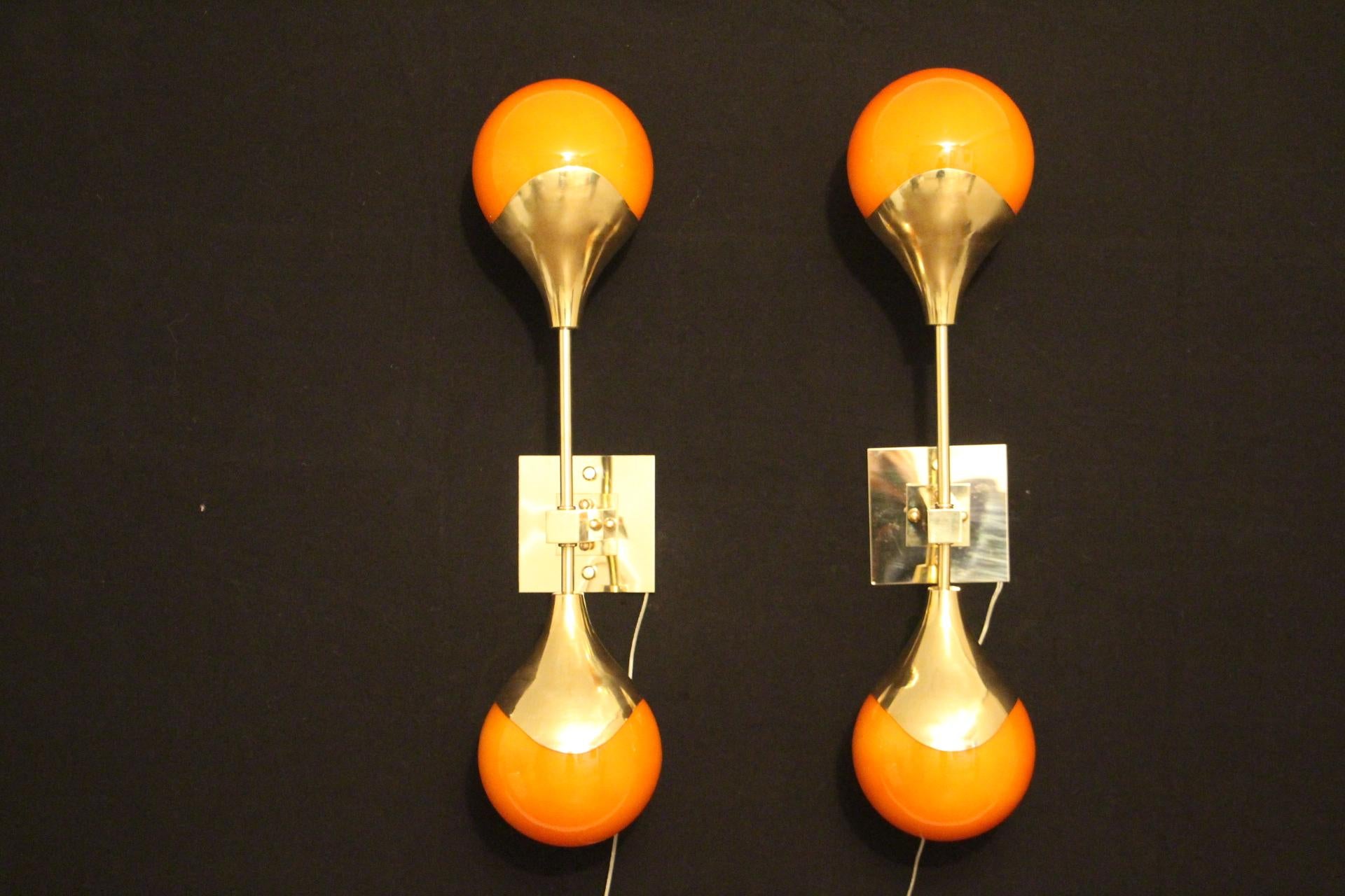 Pair of Orange Murano Glass and Brass Wall Sconces, Stilnovo Style 4