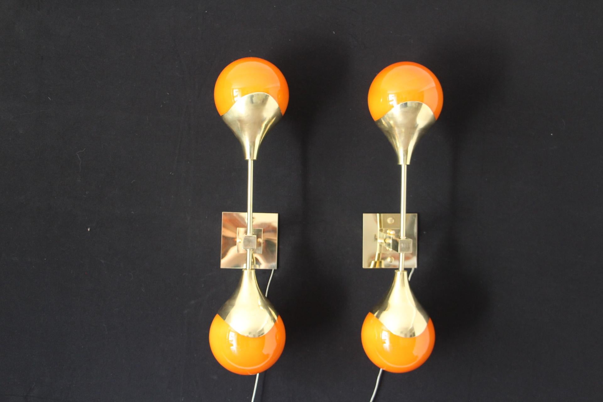Pair of Orange Murano Glass and Brass Wall Sconces, Stilnovo Style 5