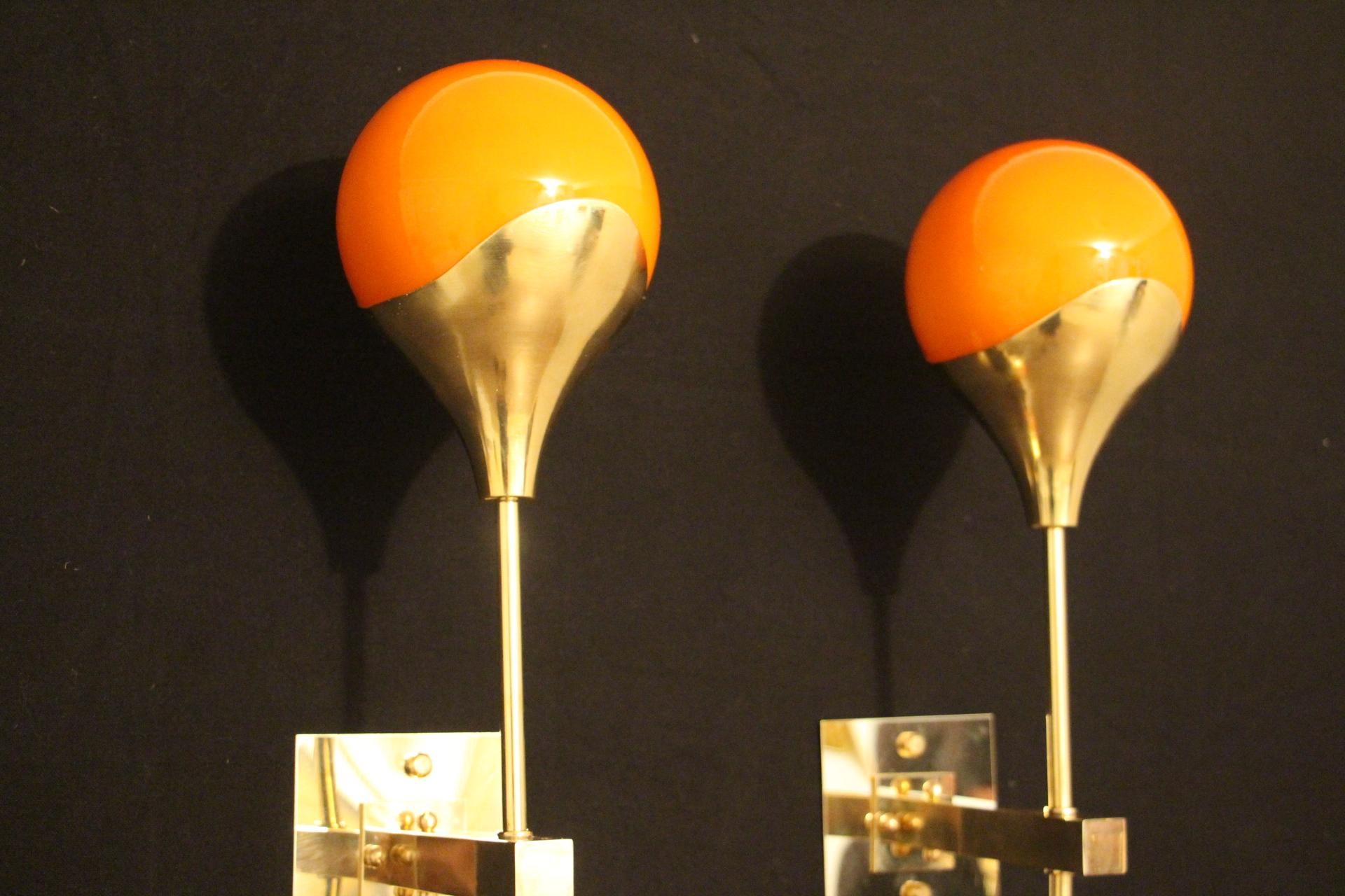 Pair of Orange Murano Glass and Brass Wall Sconces, Stilnovo Style 2