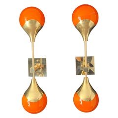Pair of Orange Murano Glass and Brass Wall Sconces, Stilnovo Style