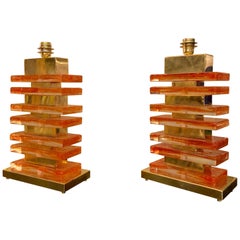 Pair of Orange Murano Glass Blocks and Brass Table Lamps, 1980s