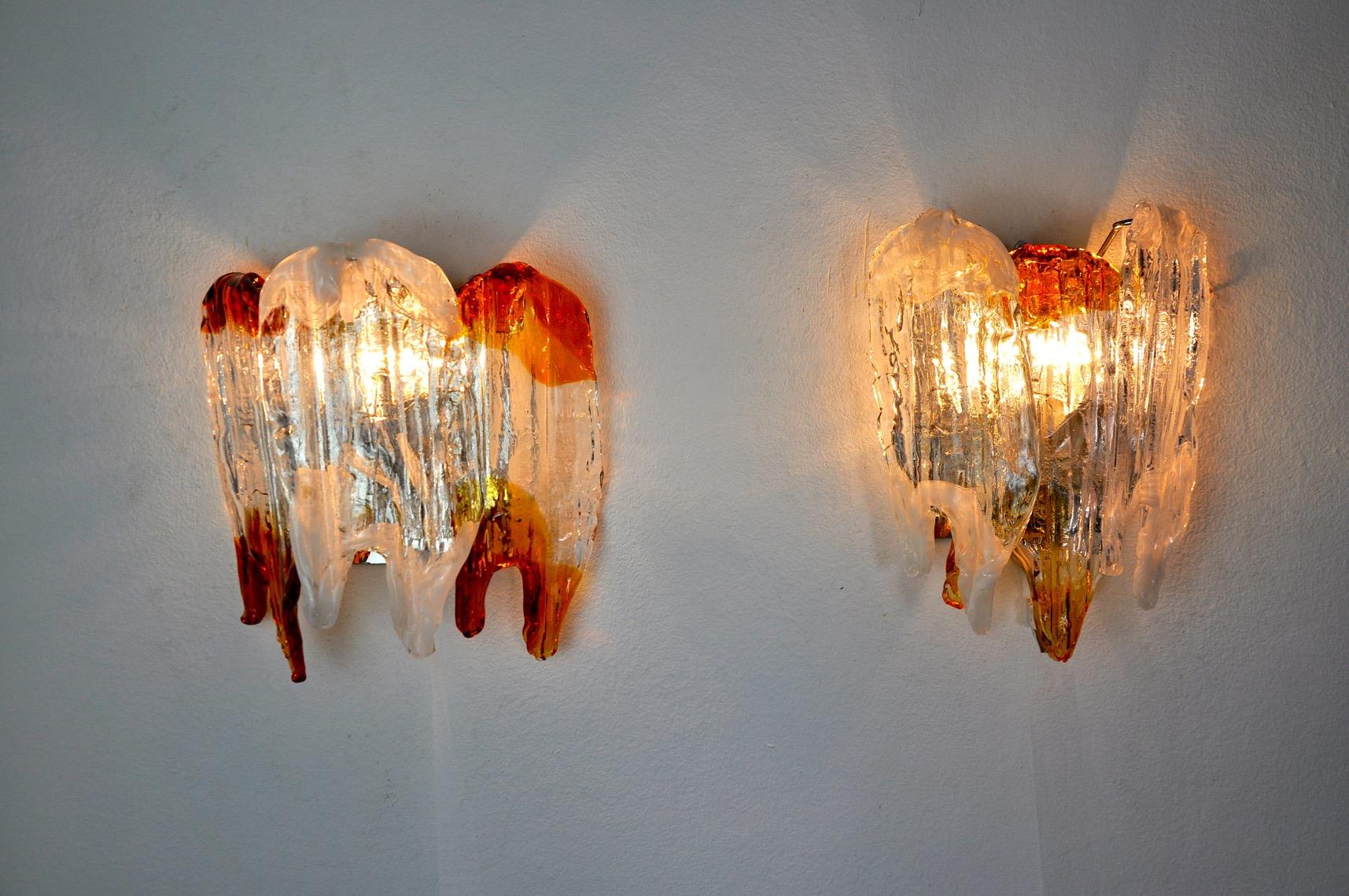 Pair of Orange Murano Glass Sconces, Italy, 1960 In Good Condition For Sale In BARCELONA, ES