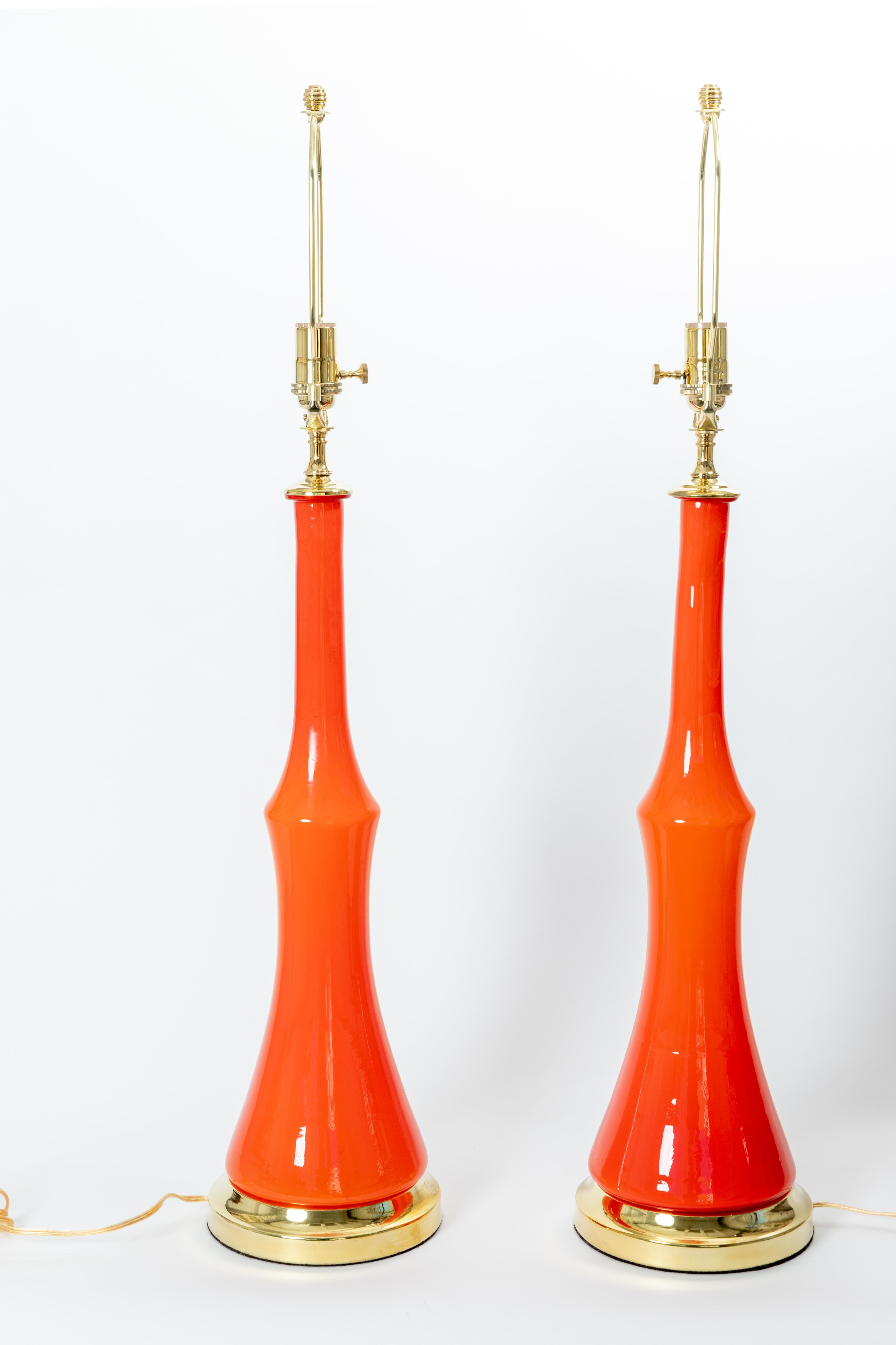 Mid-Century Modern Pair of Orange Murano Glass Table Lamps with Brass Detail For Sale