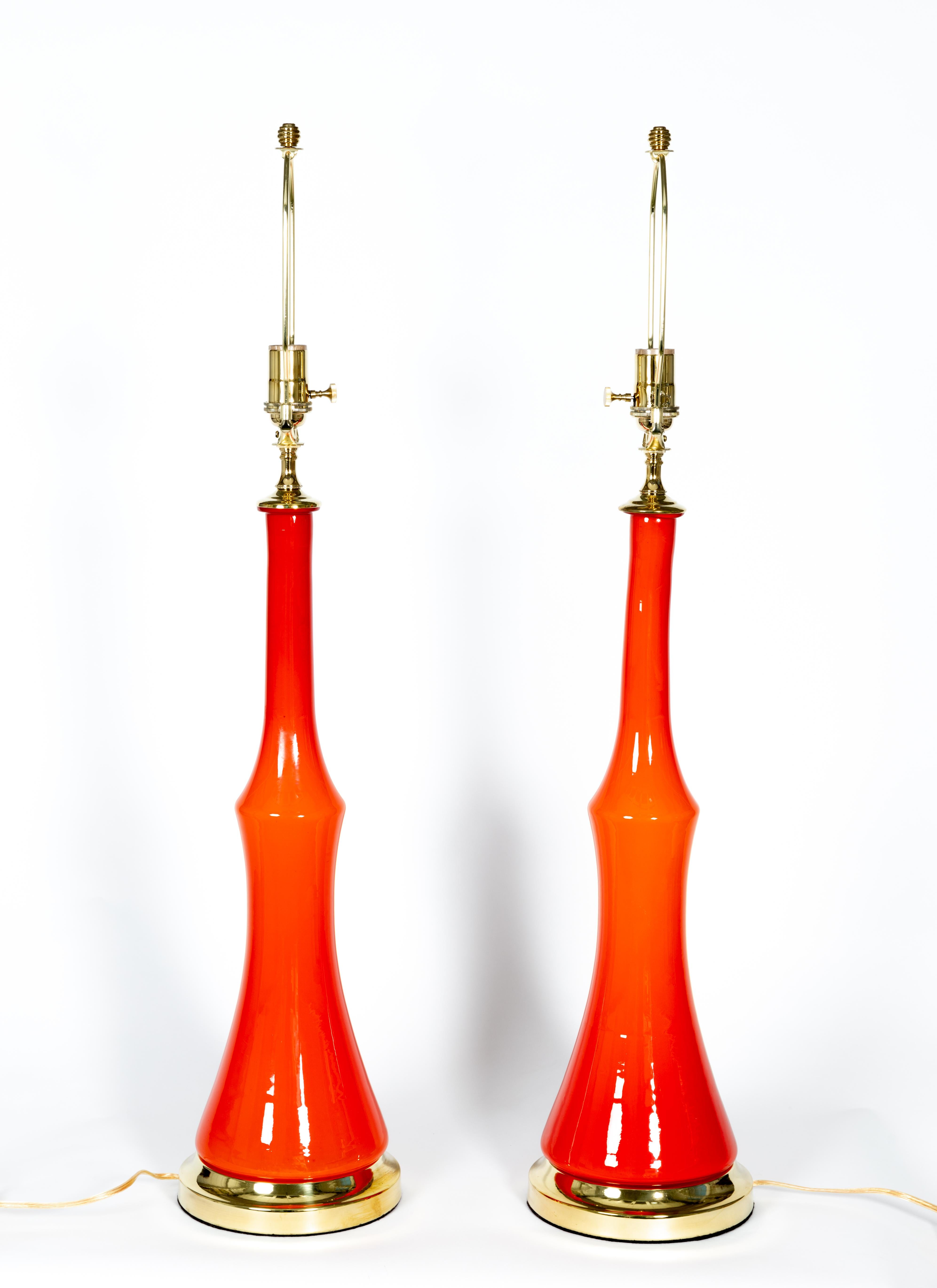 Italian Pair of Orange Murano Glass Table Lamps with Brass Detail For Sale