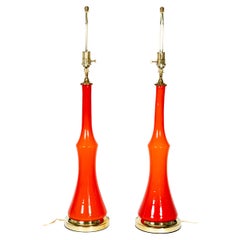 Pair of Orange Murano Glass Table Lamps with Brass Detail