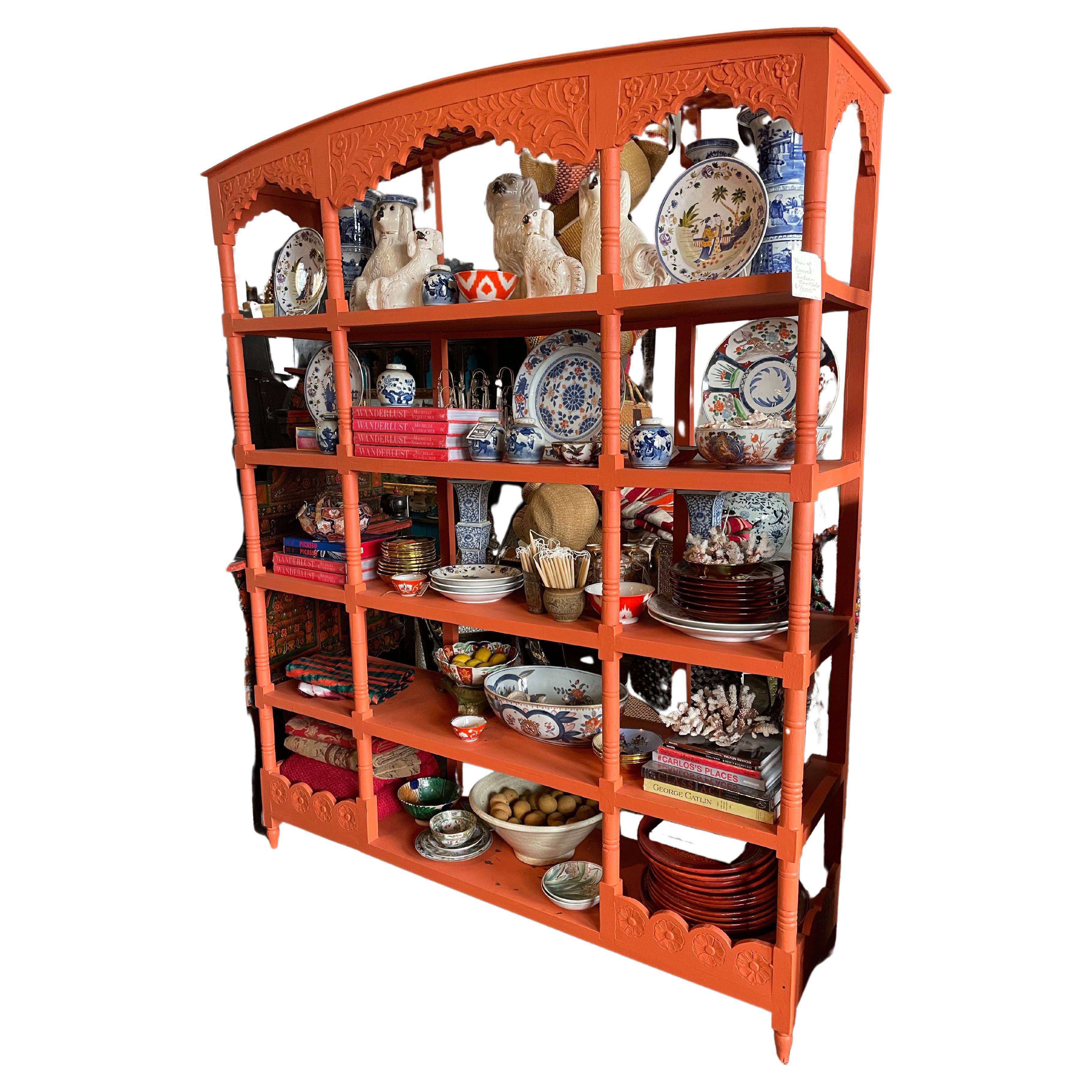 Set of 2 Orange Painted Carved Indian Bookshelves