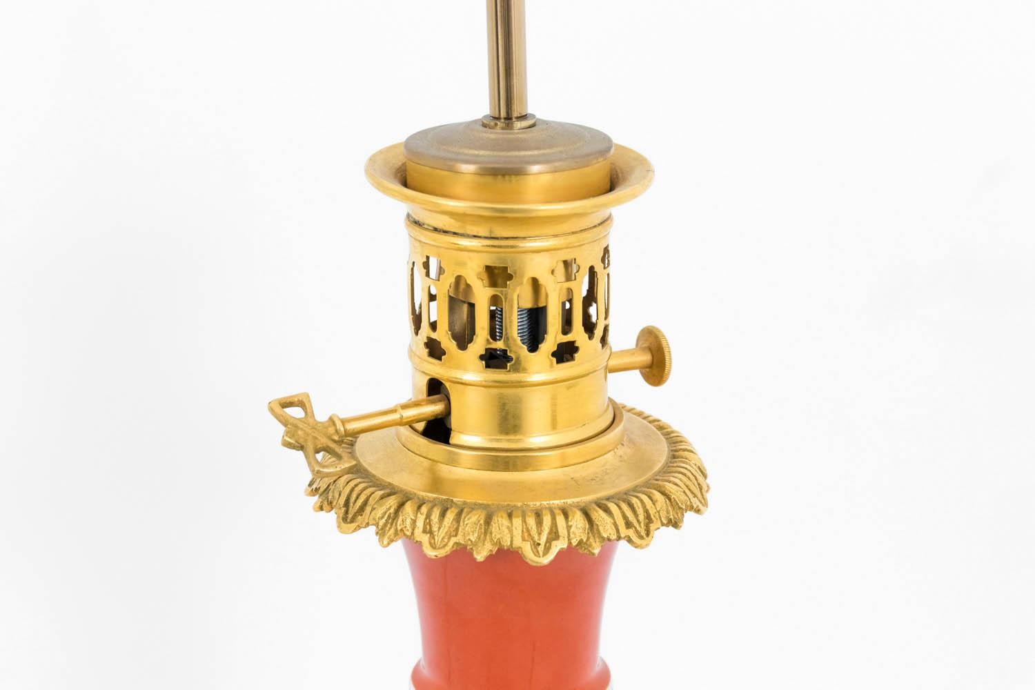 Gilt Pair of Orange Paris Porcelain Lamps, circa 1880