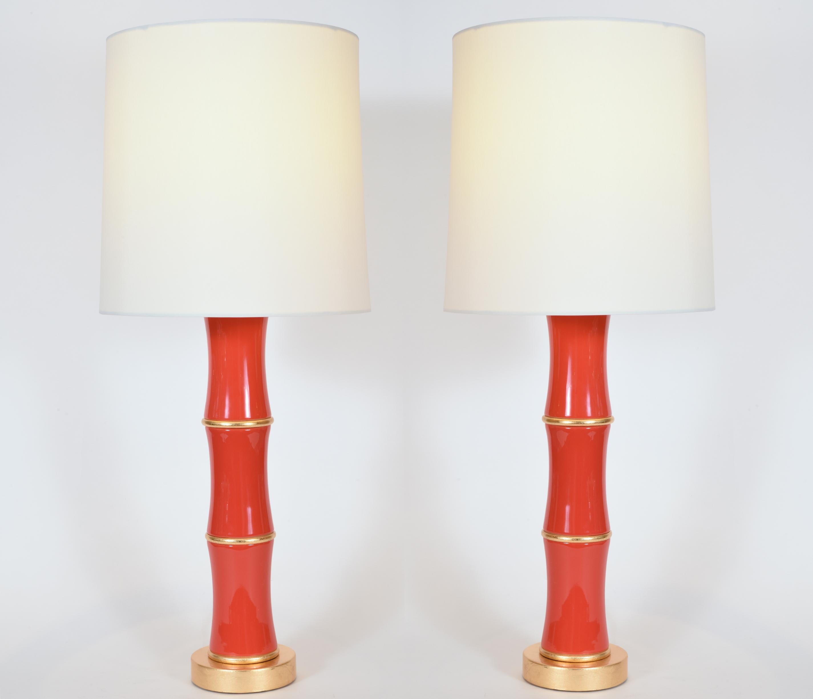 North American Pair of Orange Porcelain Table Lamp With Gold Wood Base