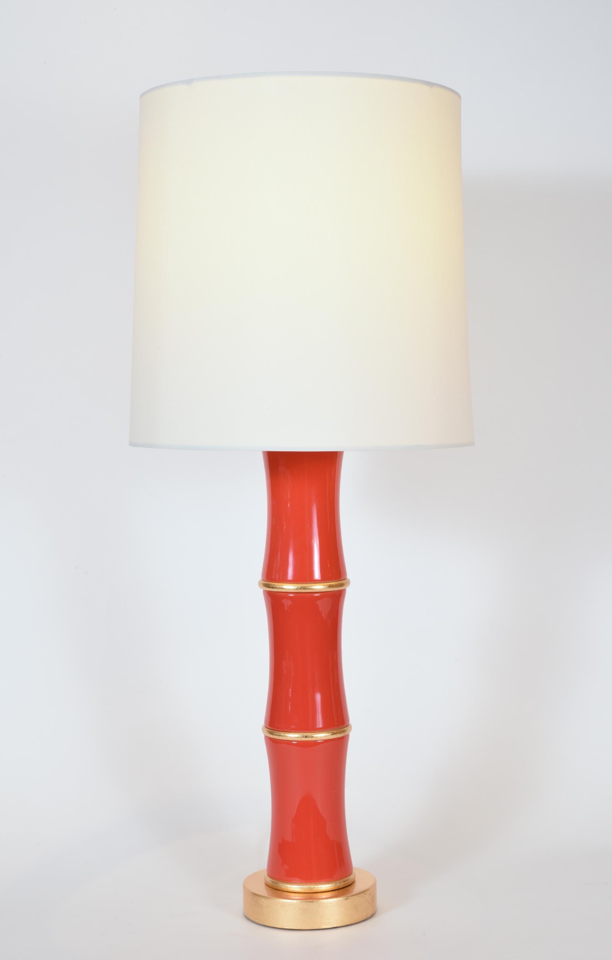 Pair of Orange Porcelain Table Lamp With Gold Wood Base In Excellent Condition In Tarry Town, NY
