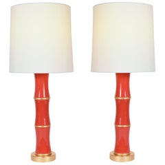 Pair of Orange Porcelain Table Lamp With Gold Wood Base
