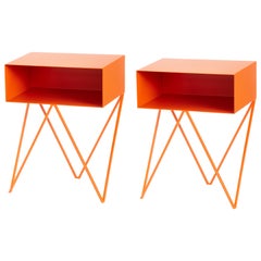 Pair of Orange Powder Coated Steel Robot Bedside Tables, Made in England