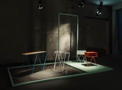 Pair of Orange Powder Coated Steel Robot Bedside Tables, Made in England