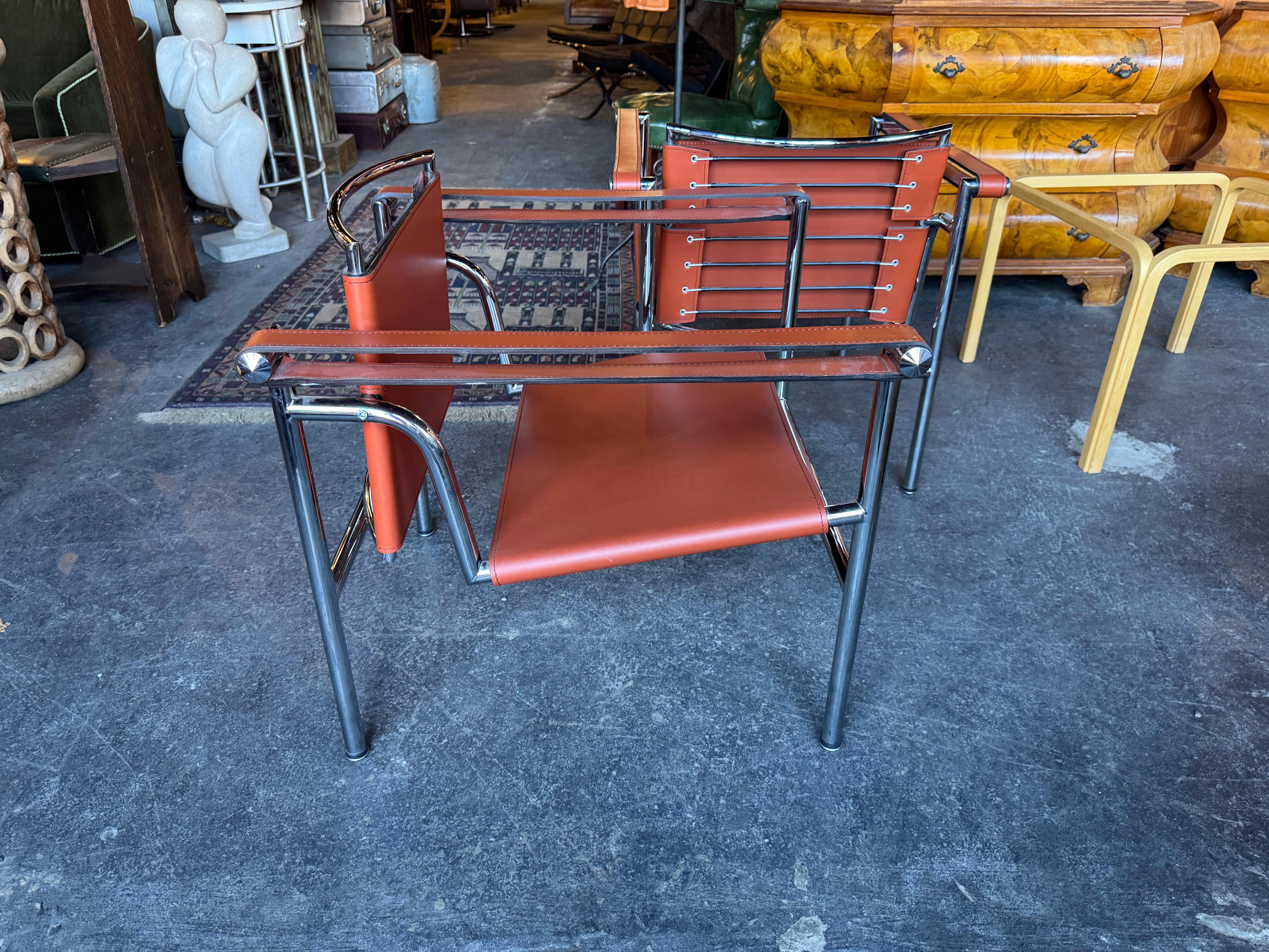 Pair of Orange/Pumpkin Leather Le Corbusier Armchairs LC1 / Design Within Reach 8