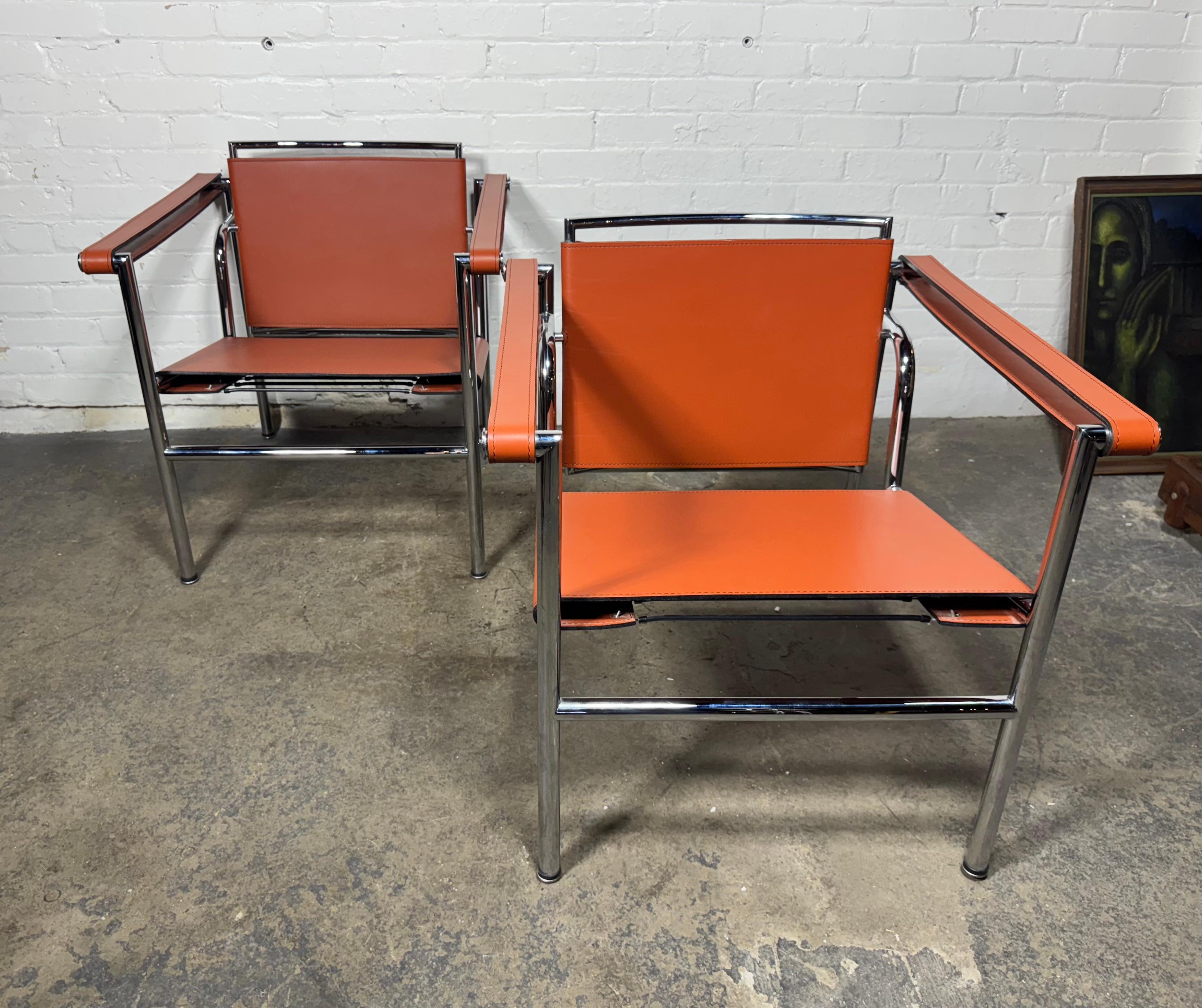 Pair of Orange/Pumpkin Leather Le Corbusier Armchairs LC1 / Design Within Reach In Good Condition In Buffalo, NY