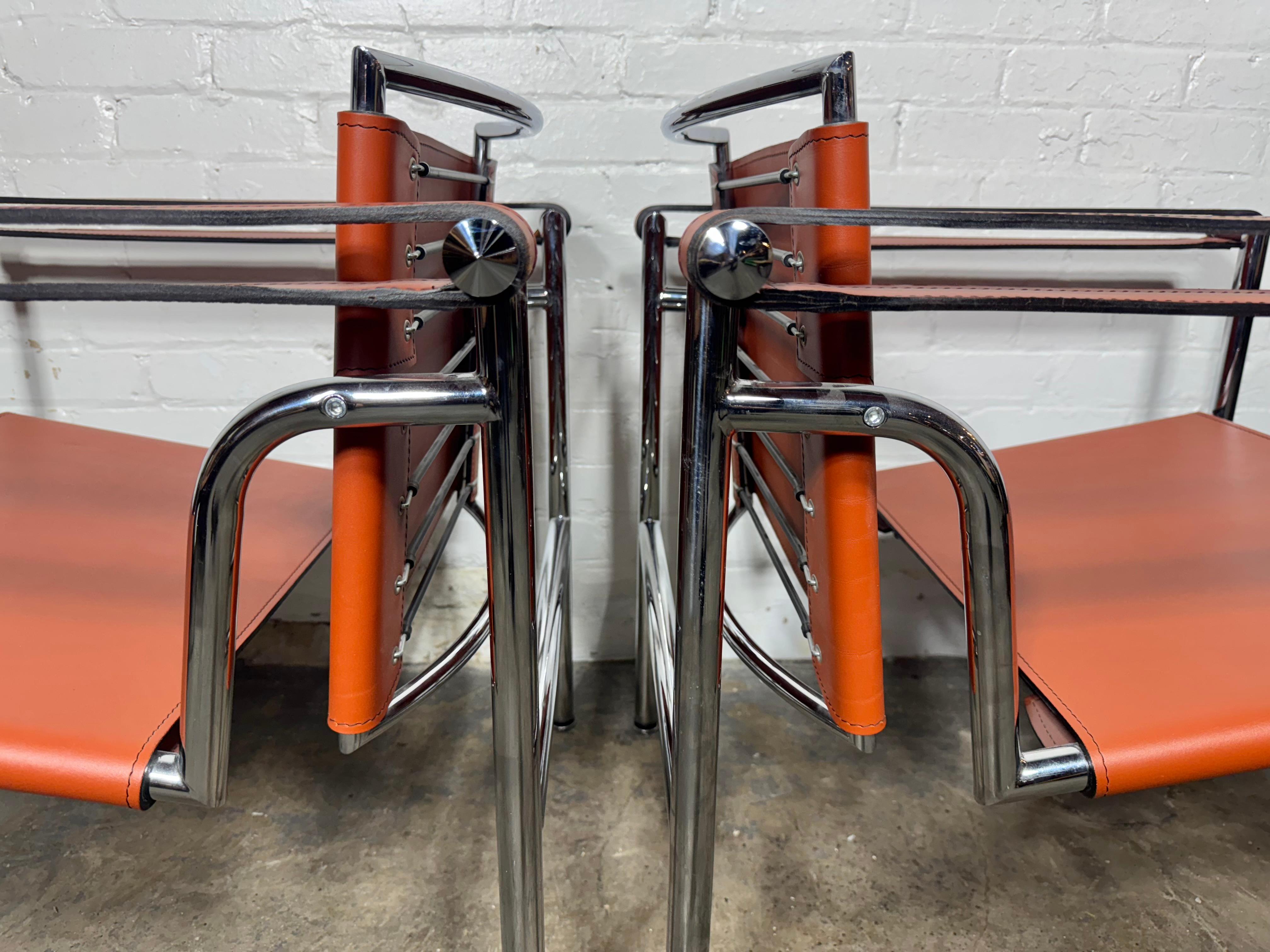 Pair of Orange/Pumpkin Leather Le Corbusier Armchairs LC1 / Design Within Reach 1