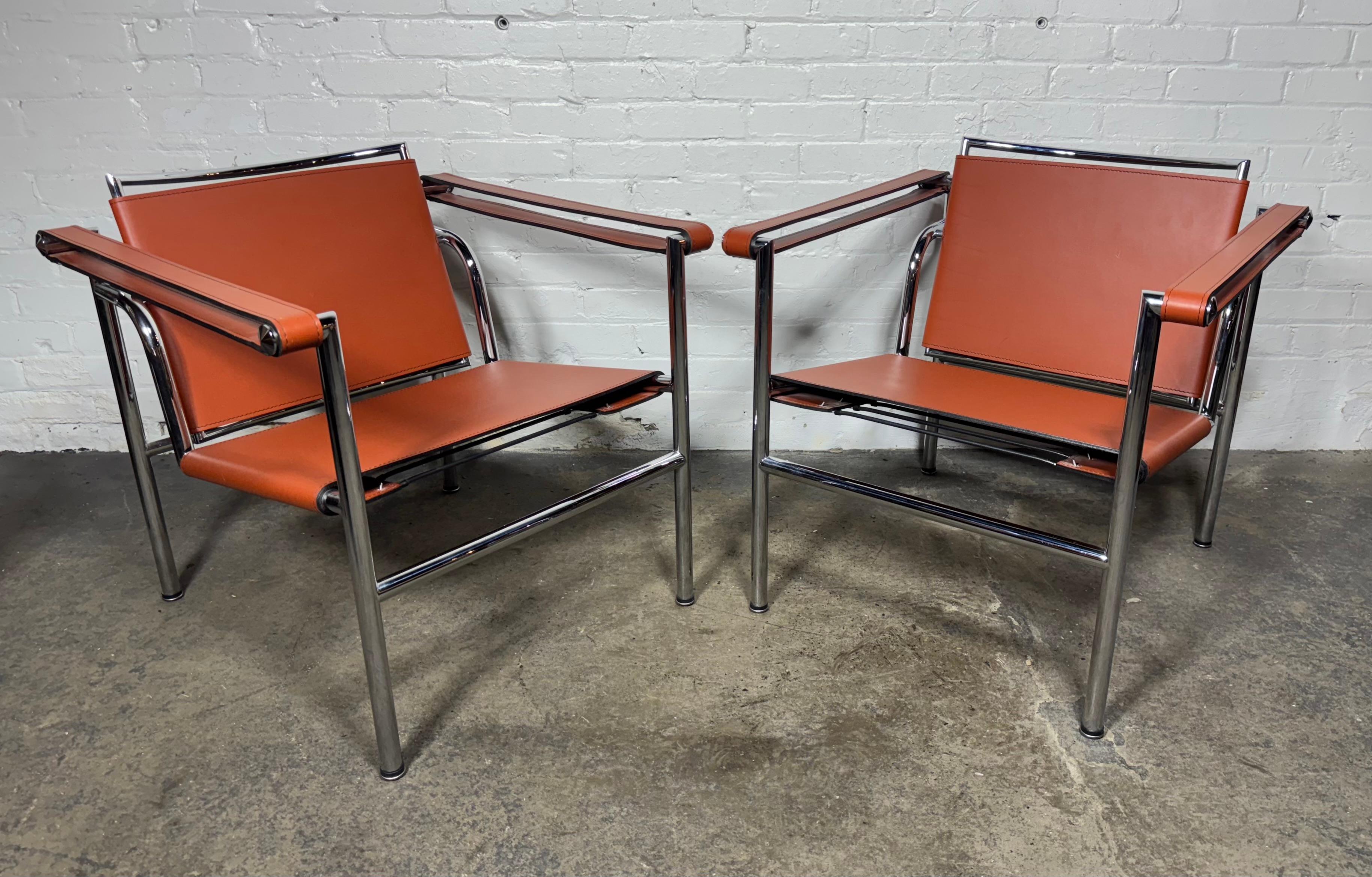 Pair of Orange/Pumpkin Leather Le Corbusier Armchairs LC1 / Design Within Reach 3