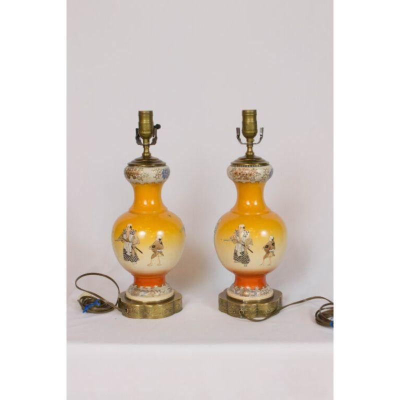 Japanese Pair of Orange Satsuma Lamps