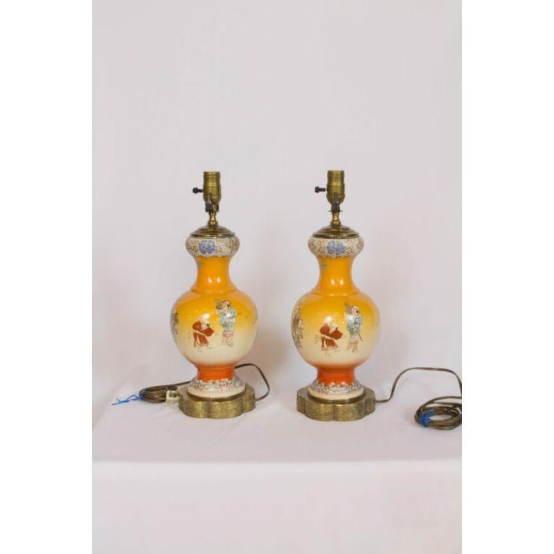 Pair of Orange Satsuma Lamps In Good Condition In Canton, MA