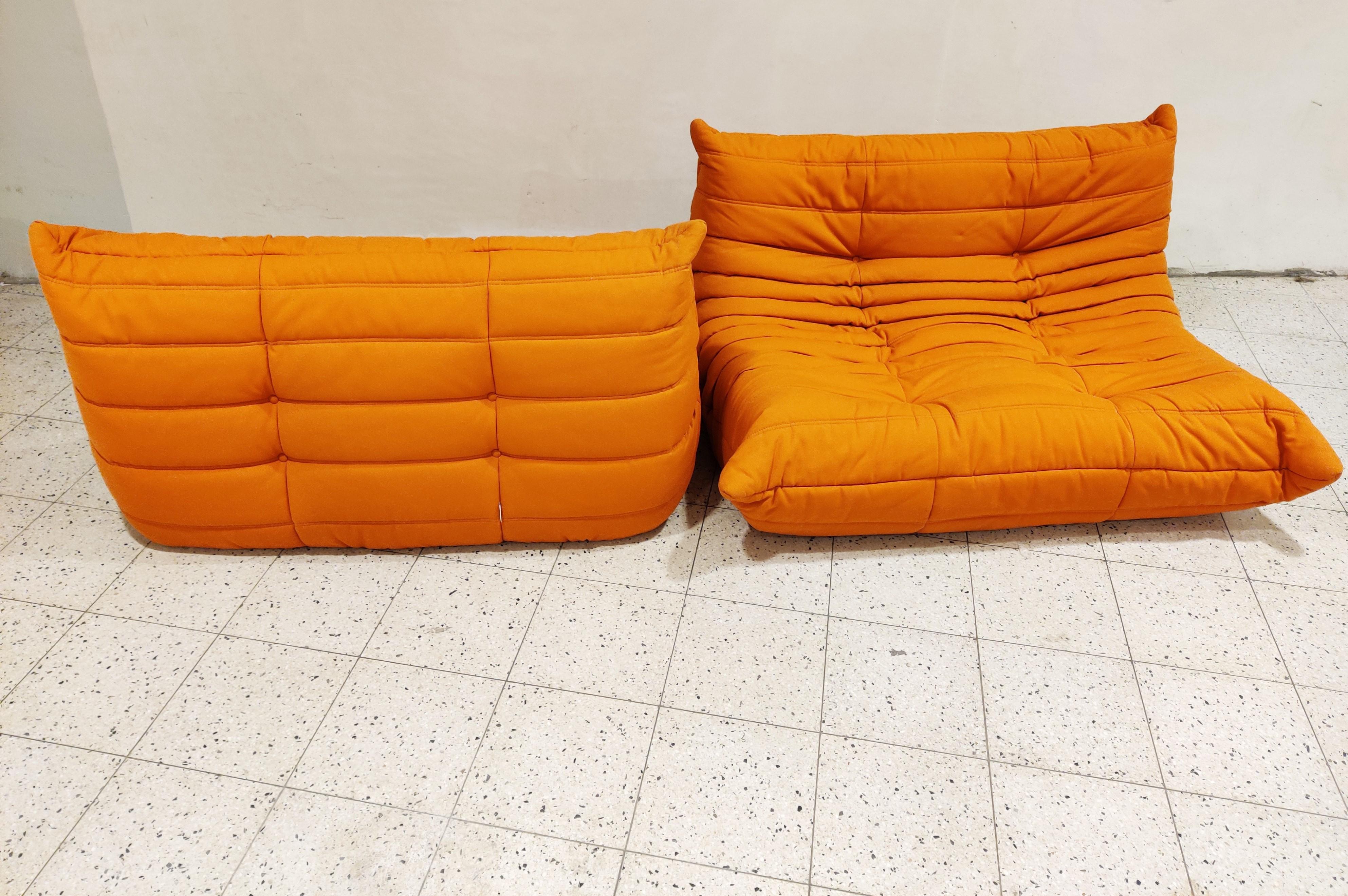 The iconic Togo sofa, originally designed by Michael Ducaroy for Ligne Roset in 1973, has become a design classic. 

This set consists of a pair of two-seat sofas.

Very good condition.

Made completely from foam, with three different
