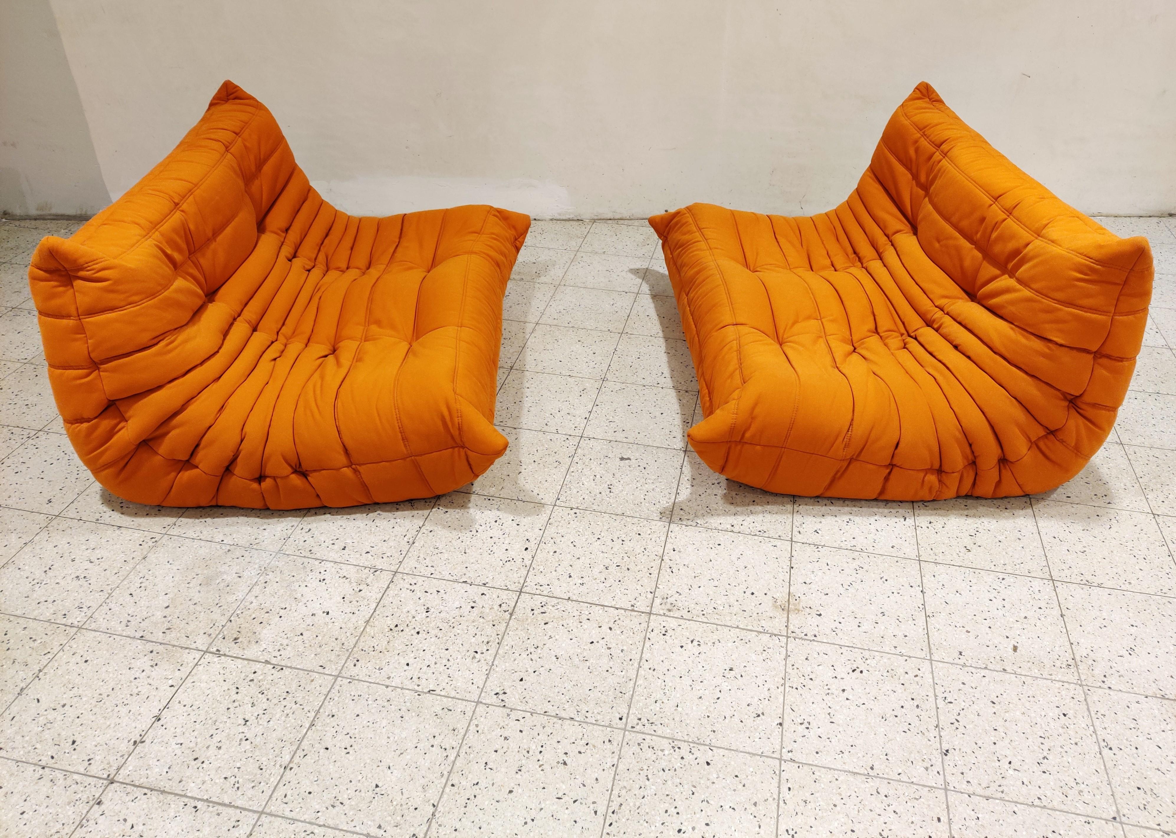 French Pair of Orange Sofas by Michel Ducaroy for Ligne Roset