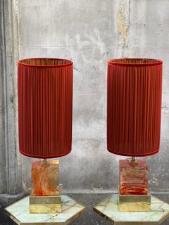 Pair of Orange Solid Cube Murano Glass Table Lamps with Our Lampshades, 1980s