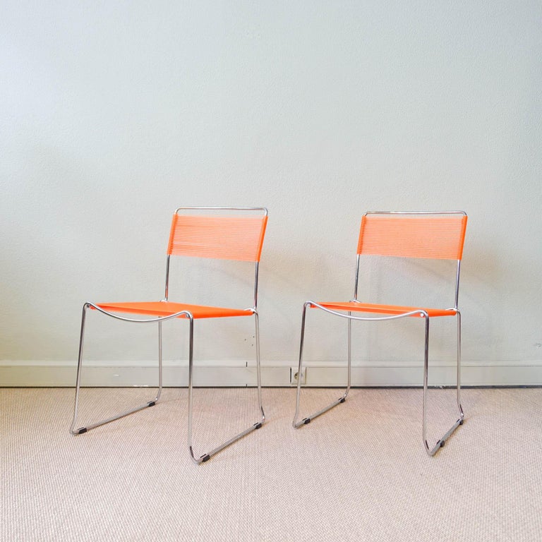 Italian Pair of Orange Spaghetti Chairs by Giandomenico Belotti for Alias, 1980's For Sale