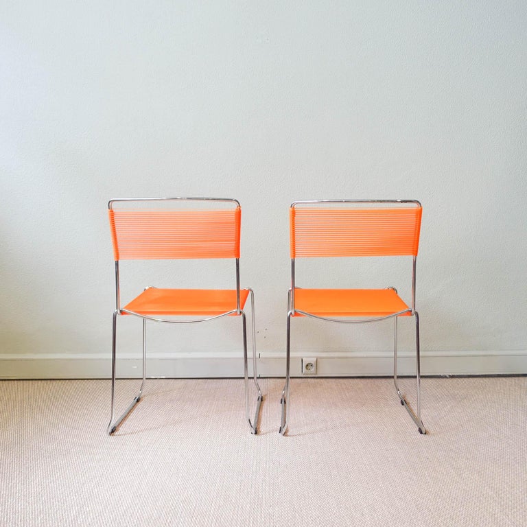 Chrome Pair of Orange Spaghetti Chairs by Giandomenico Belotti for Alias, 1980's For Sale