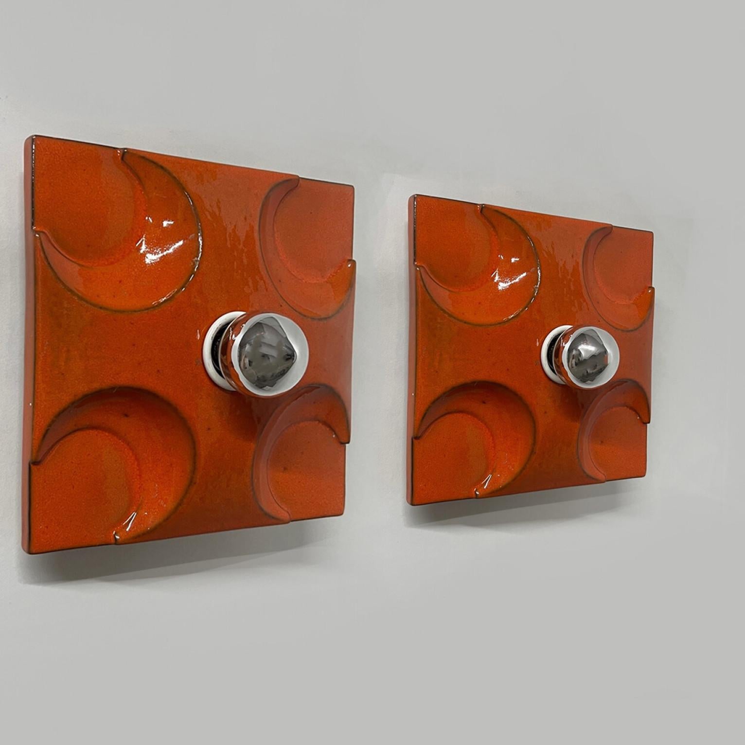 Space Age Pair of Orange Square Ceramic Wall Lights, Germany, 1970 For Sale