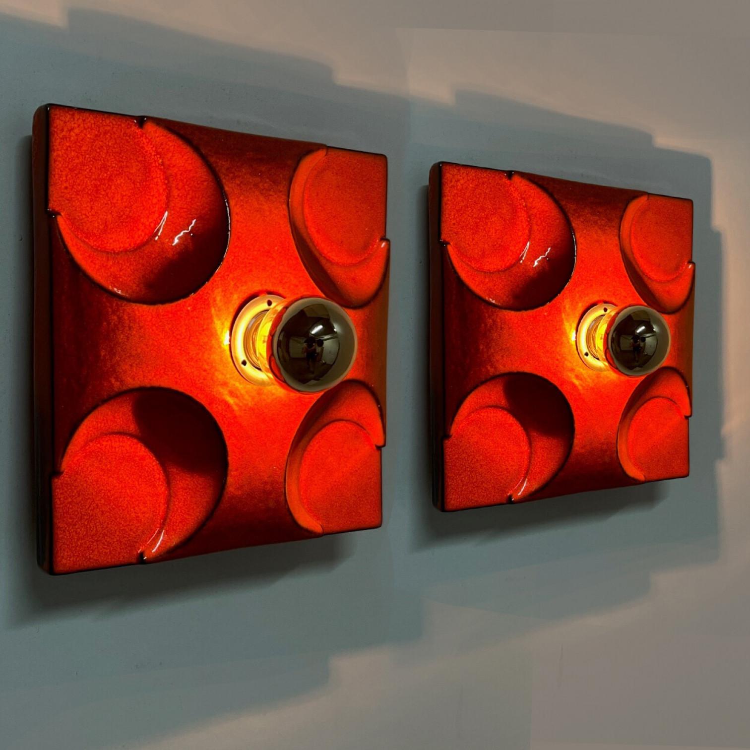 Space Age Pair of Orange Square Ceramic Wall Lights, Germany, 1970 For Sale