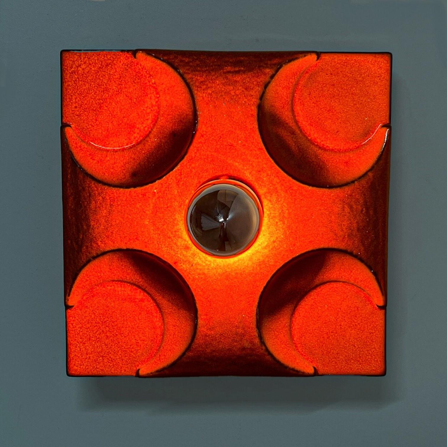 Late 20th Century Pair of Orange Square Ceramic Wall Lights, Germany, 1970 For Sale